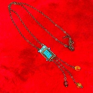 Pretty Jeweled Pave Blue Beaded Choker Charm Statement Drop Necklace Coppertone